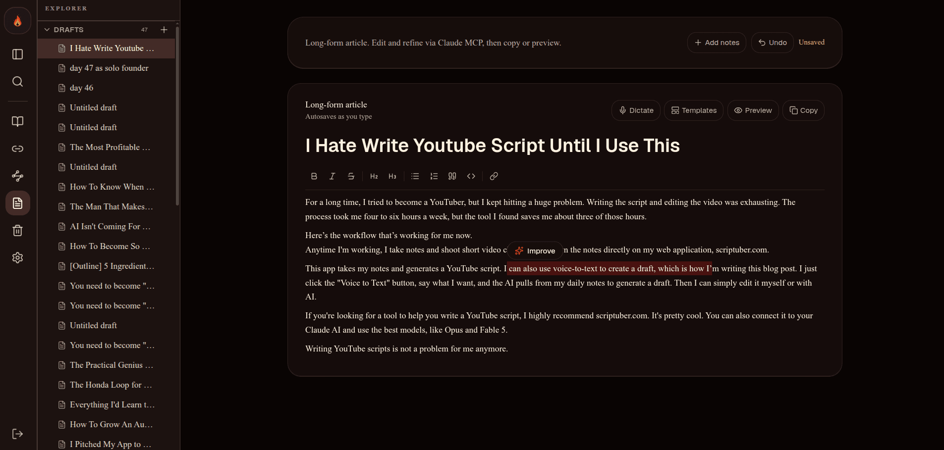 Script Studio: a long-form YouTube script draft open in the editor, with the Writing Assistant offered on a selected sentence